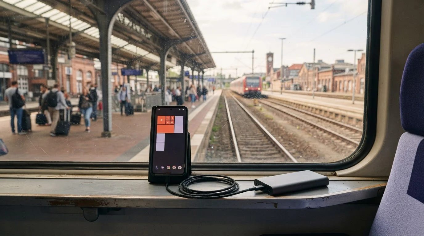 Smartphone und Powerbank am Fenster eines stehenden Zuges