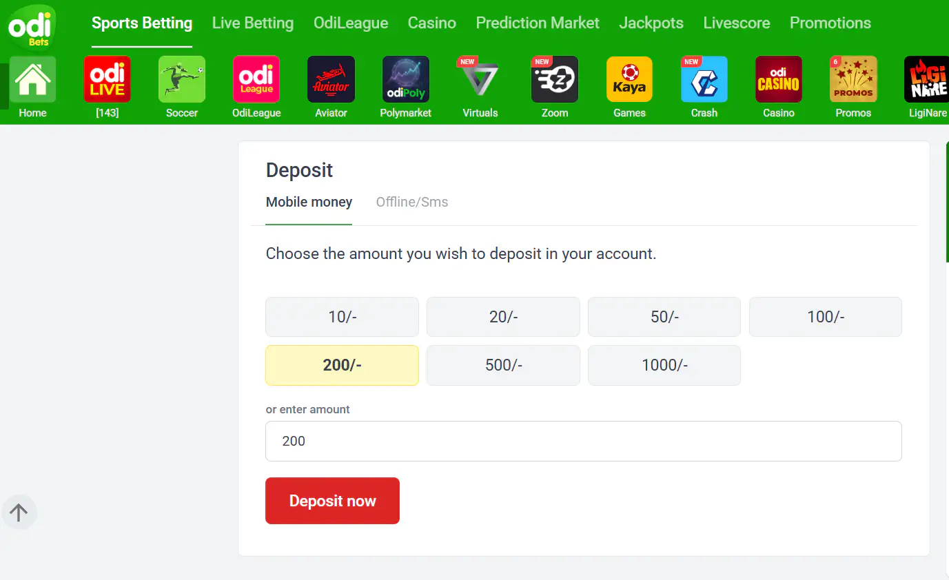 Einzahlungsbereich von OdiBets mit M-PESA-Optionen