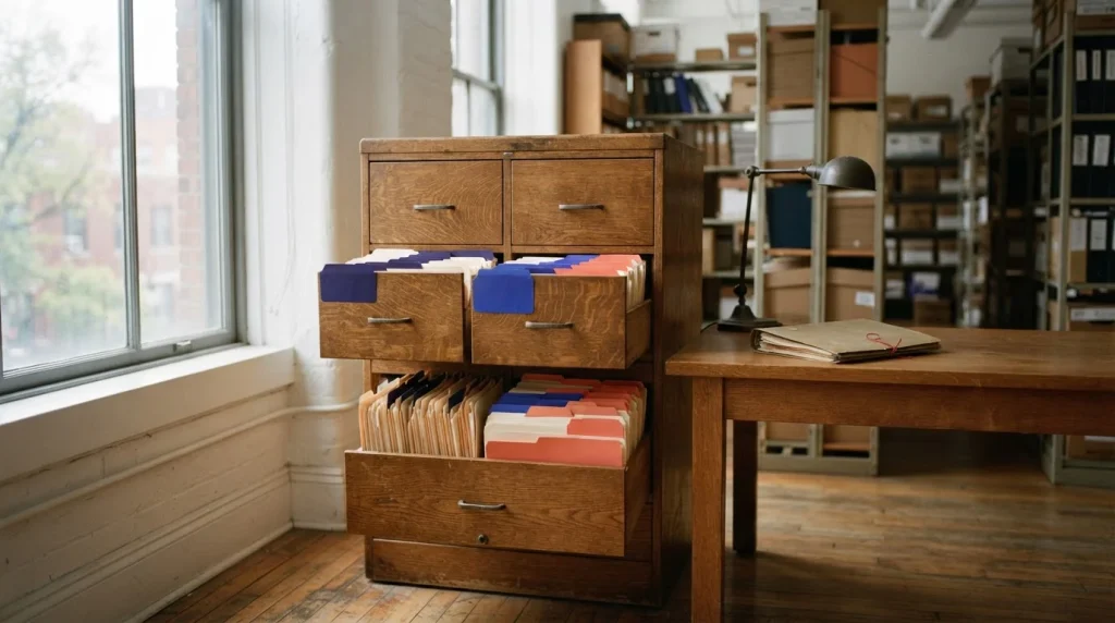 Aktenmappen in einem hölzernen Registraturschrank