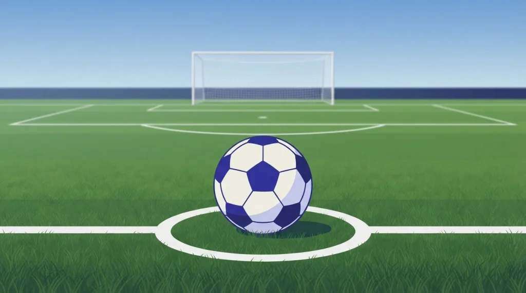 Fußball auf dem Elfmeterpunkt eines grünen Fußballfelds