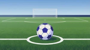 Fußball auf dem Elfmeterpunkt eines grünen Fußballfelds