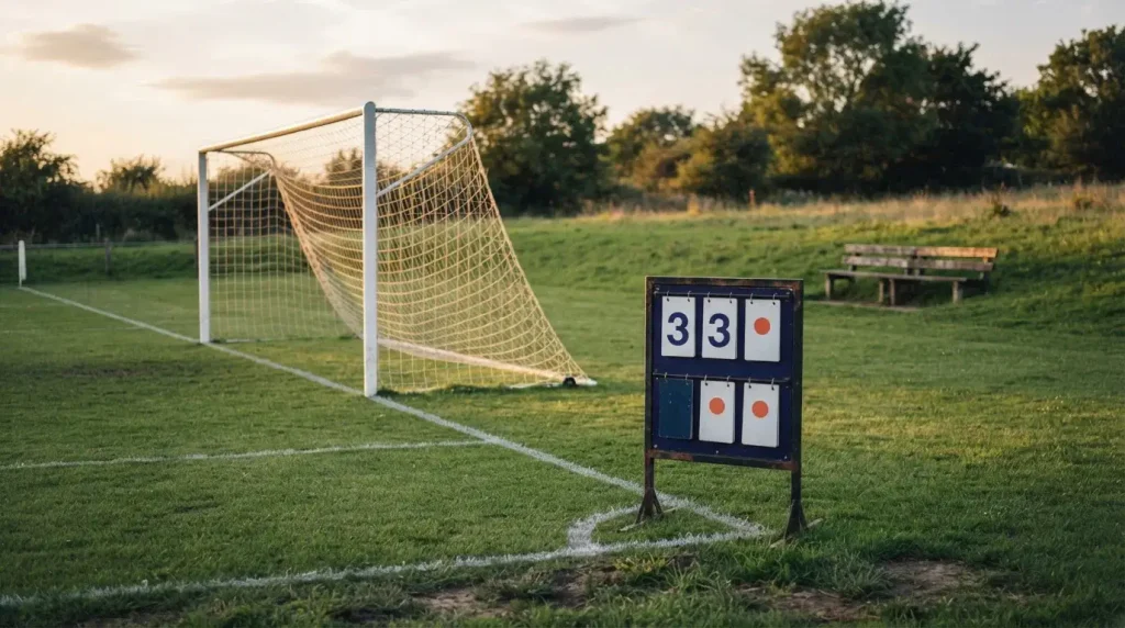 Fußballtor mit Anzeigetafel am Rand eines Spielfelds