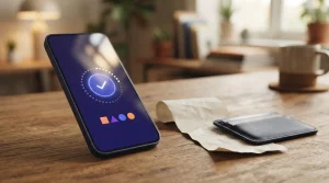 Smartphone mit Zahlungsanzeige neben einem gefalteten Zahlungsbeleg