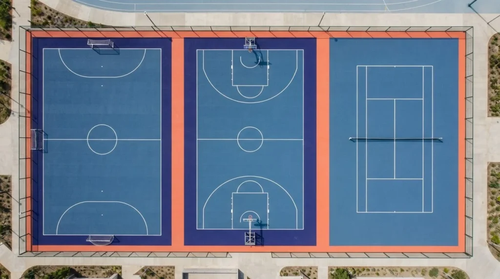 Drei Sportplätze aus der Vogelperspektive für Fußball, Basketball und Tennis