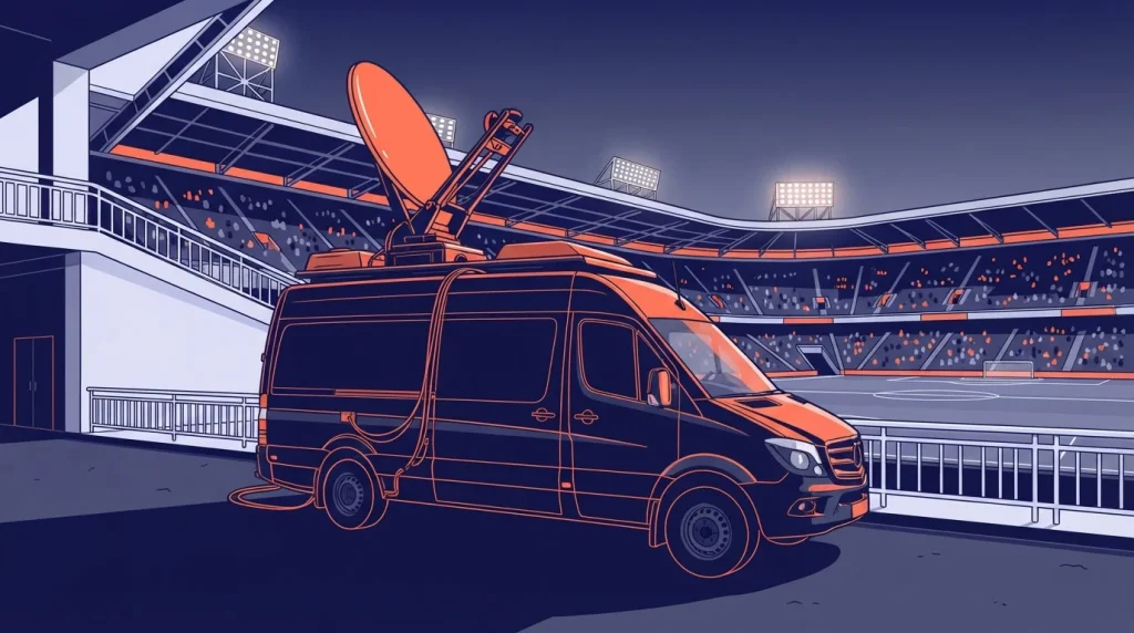 Übertragungswagen mit Satellitenschüssel neben einem Sportstadion