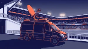 Übertragungswagen mit Satellitenschüssel neben einem Sportstadion